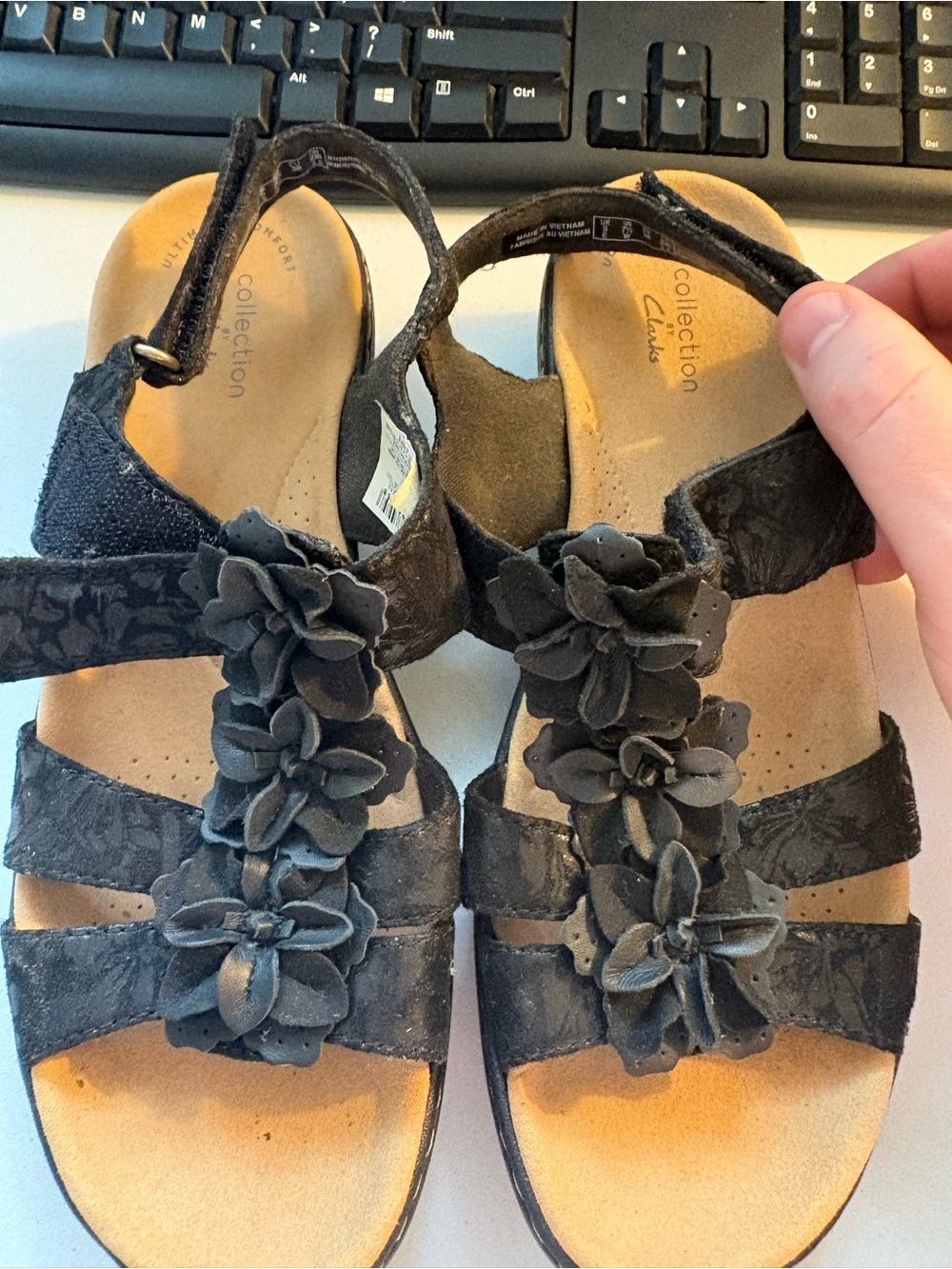Clarks Black Floral T-Strap Sandals